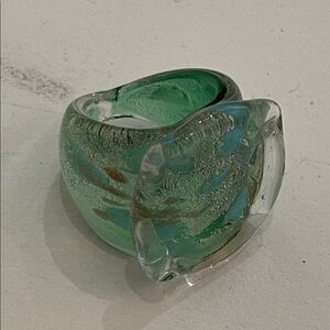 MURANO BLOWN Green and Clear Glass Ring SQUARE HEAD SZ 8